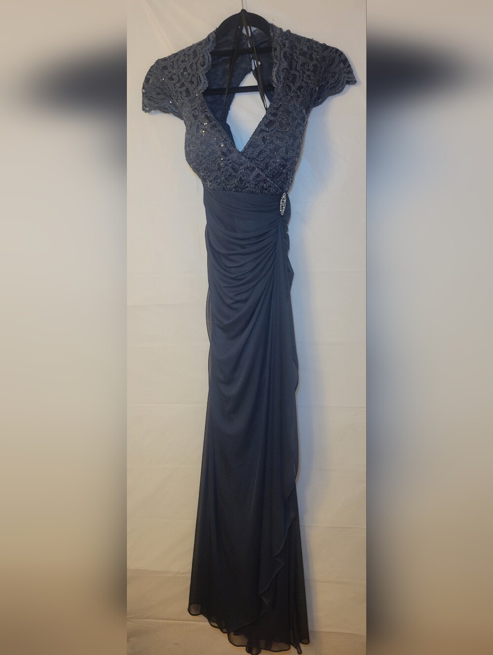 Betsy & Adam Navy Lace Bodice Halter-Back Evening Gown